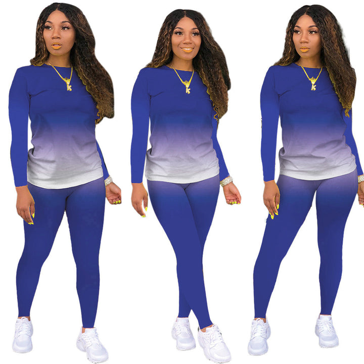 Damen Sportliches zweiteiliges Set mit Langarm-Ombre-Shirt und Highwaist-Leggings – Orélia