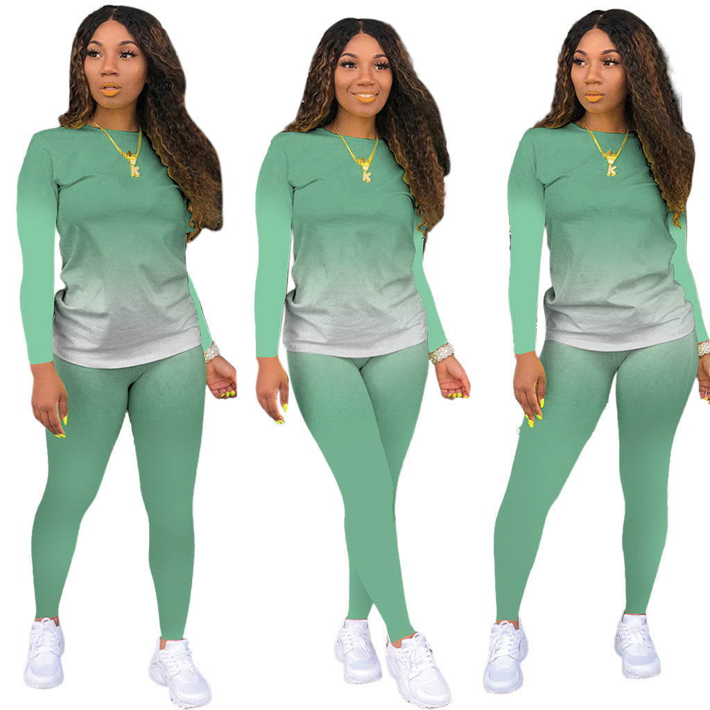Damen Sportliches zweiteiliges Set mit Langarm-Ombre-Shirt und Highwaist-Leggings – Orélia