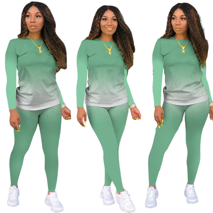 Damen Sportliches zweiteiliges Set mit Langarm-Ombre-Shirt und Highwaist-Leggings – Orélia