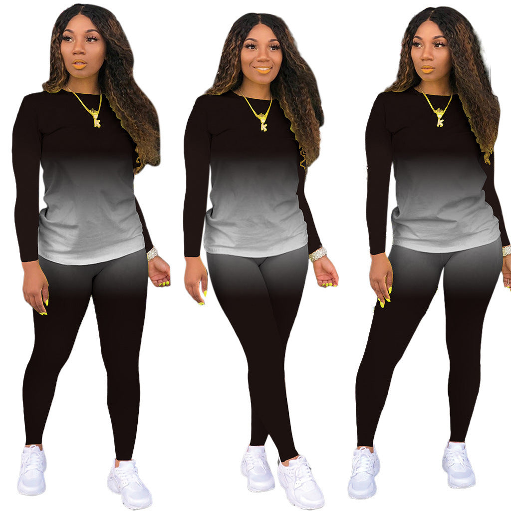 Damen Sportliches zweiteiliges Set mit Langarm-Ombre-Shirt und Highwaist-Leggings – Orélia