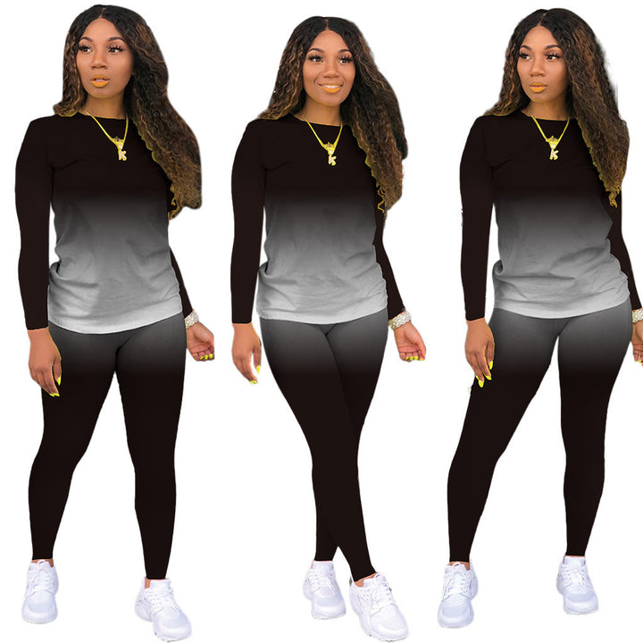 Damen Sportliches zweiteiliges Set mit Langarm-Ombre-Shirt und Highwaist-Leggings – Orélia
