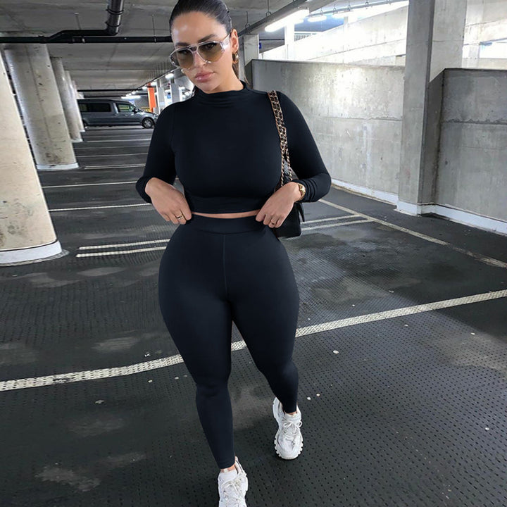 Damen Figurbetontes Sport-Zweiteiler-Set mit Langarm-Crop-Top und hochtaillierten Leggings – Orélia