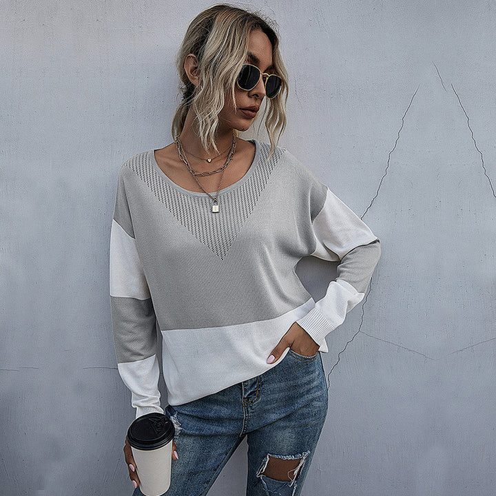 Damen Lässiger Strickpullover mit V-Ausschnitt und Farbblock Echo Archiv