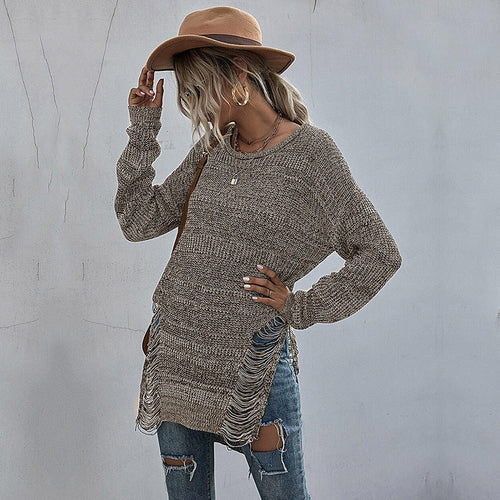 Damen Grobstrick-Longpullover mit seitlichen Fransen und geripptem Saum Echoarchiv