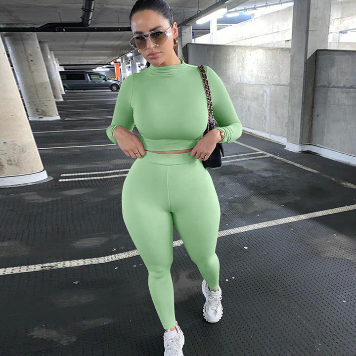Damen Figurbetontes Sport-Zweiteiler-Set mit Langarm-Crop-Top und hochtaillierten Leggings – Orélia
