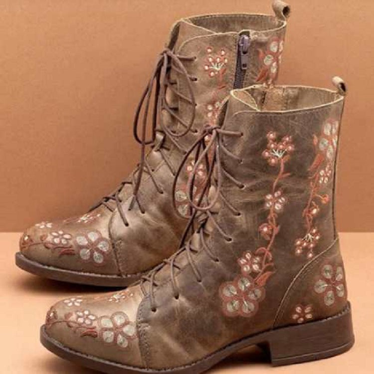 Damen bestickte Combat-Stiefelette mit floralem Stickmotiv, seitlicher Reißverschluss und gepolstertem Komfortfußbett Echo Archiv
