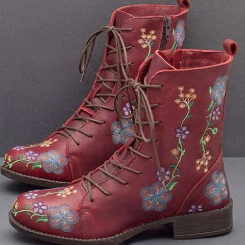 Damen bestickte Combat-Stiefelette mit floralem Stickmotiv, seitlicher Reißverschluss und gepolstertem Komfortfußbett Echo Archiv
