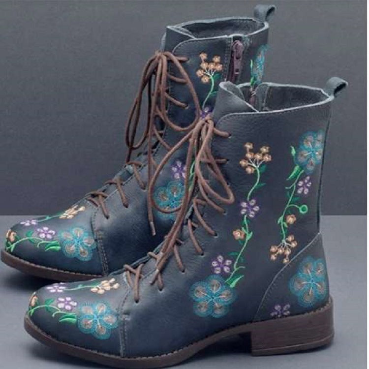 Damen bestickte Combat-Stiefelette mit floralem Stickmotiv, seitlicher Reißverschluss und gepolstertem Komfortfußbett Echo Archiv