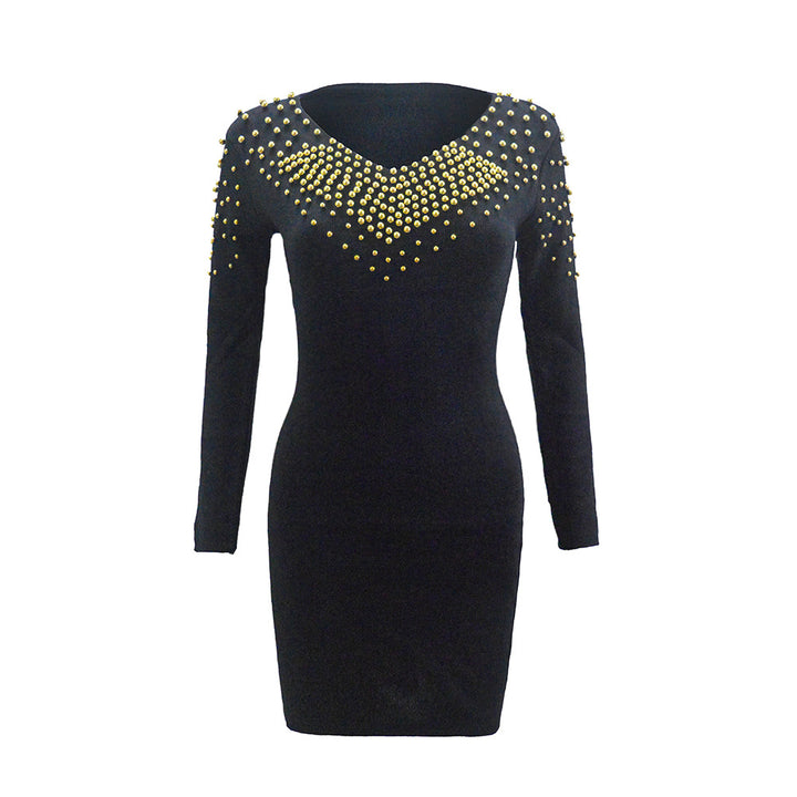 Damen Figurbetontes Stretch‑Minikleid mit V‑Ausschnitt und Nietenbesatz – Élara