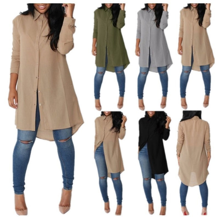 Damen Langes Hemdkleid‑Tunika mit Knopfleiste, Hemdkragen und asymmetrischem Saum – Valéora