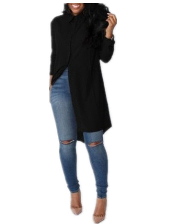 Damen Langes Hemdkleid‑Tunika mit Knopfleiste, Hemdkragen und asymmetrischem Saum – Valéora
