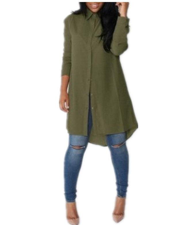 Damen Langes Hemdkleid‑Tunika mit Knopfleiste, Hemdkragen und asymmetrischem Saum – Valéora