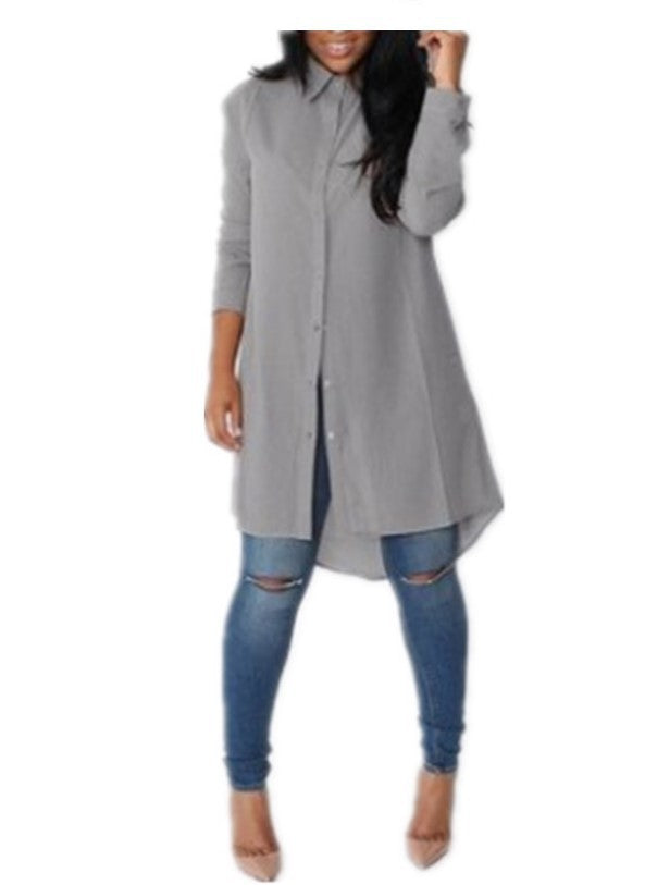 Damen Langes Hemdkleid‑Tunika mit Knopfleiste, Hemdkragen und asymmetrischem Saum – Valéora
