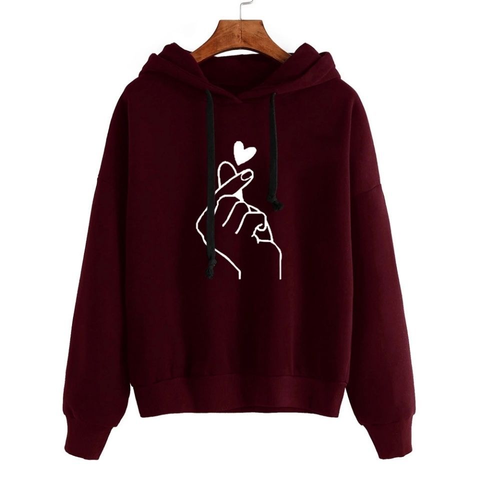 Damen Oversize-Kapuzenpullover mit Fingerherz‑Print und Kordelzug – Auréline