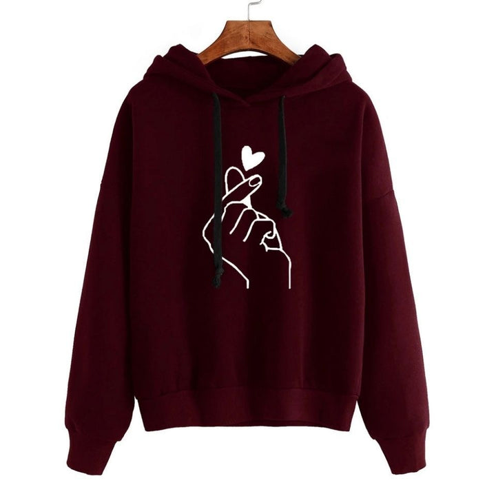 Damen Oversize-Kapuzenpullover mit Fingerherz‑Print und Kordelzug – Auréline