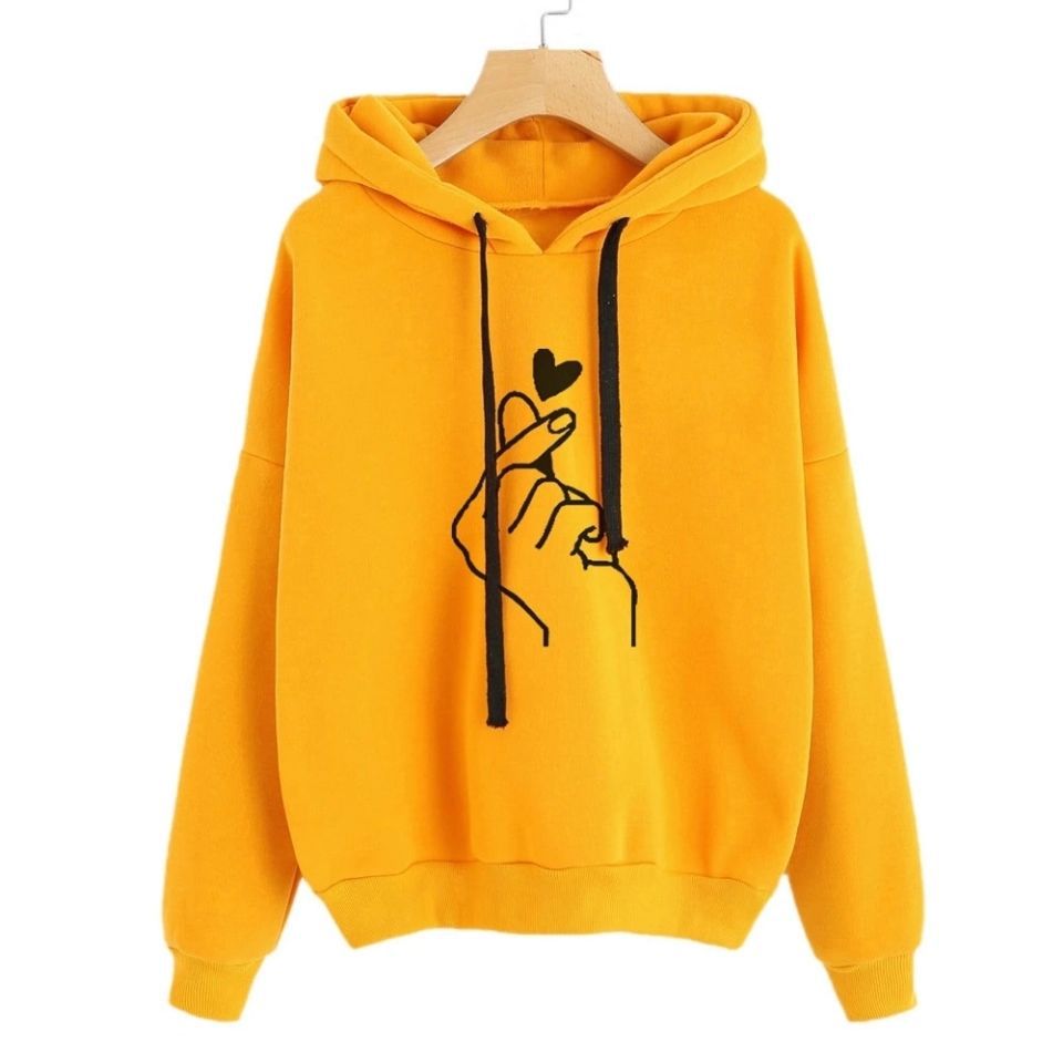Damen Oversize-Kapuzenpullover mit Fingerherz‑Print und Kordelzug – Auréline