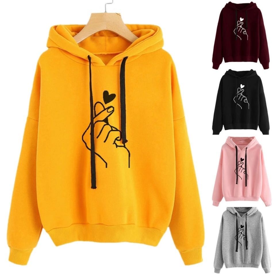 Damen Oversize-Kapuzenpullover mit Fingerherz‑Print und Kordelzug – Auréline