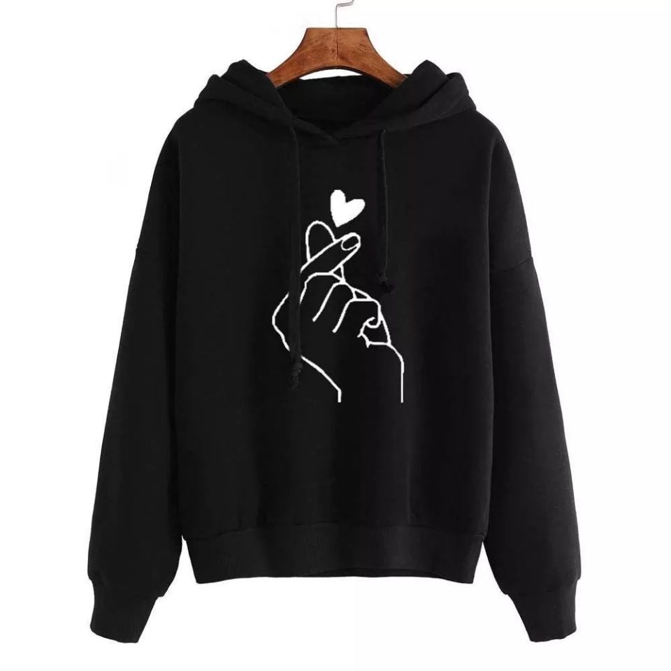 Damen Oversize-Kapuzenpullover mit Fingerherz‑Print und Kordelzug – Auréline