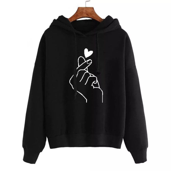 Damen Oversize-Kapuzenpullover mit Fingerherz‑Print und Kordelzug – Auréline