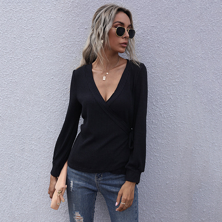 Damen Taillierter Ripp-Wrap-Pullover mit V‑Ausschnitt und Zierknoten Echoarchiv