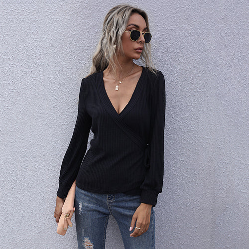 Damen Taillierter Ripp-Wrap-Pullover mit V‑Ausschnitt und Zierknoten Echoarchiv
