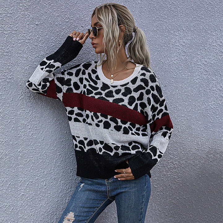 Damen Oversize-Strickpullover mit Leo-Jacquard, Colorblock-Streifen & gerippten Abschlüssen Echoarchiv