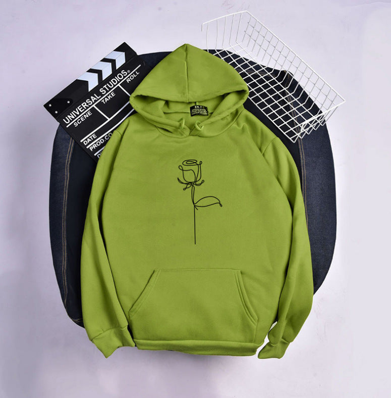Unisex Kapuzenpullover mit minimalistischer Rosenlinien-Illustration, Kängurutasche und angerautem Innenfutter – Auréline