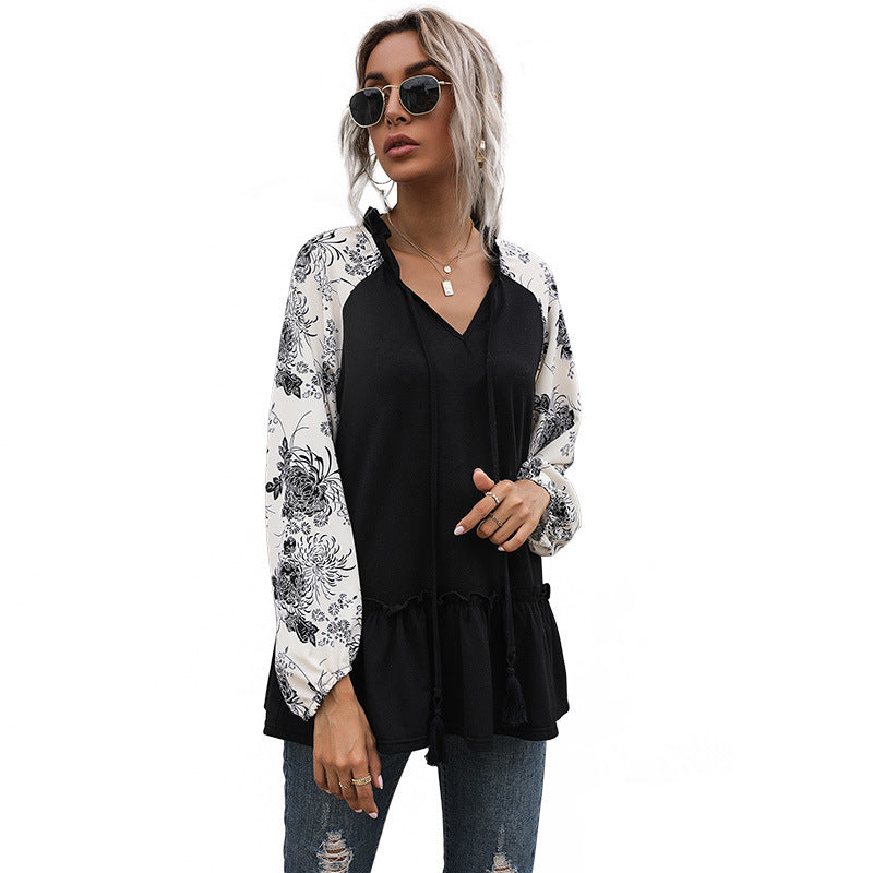 Damen Viskose-Longbluse mit V-Ausschnitt, Rüschen-Taille und kontrastierenden Raglanärmeln Echoarchiv