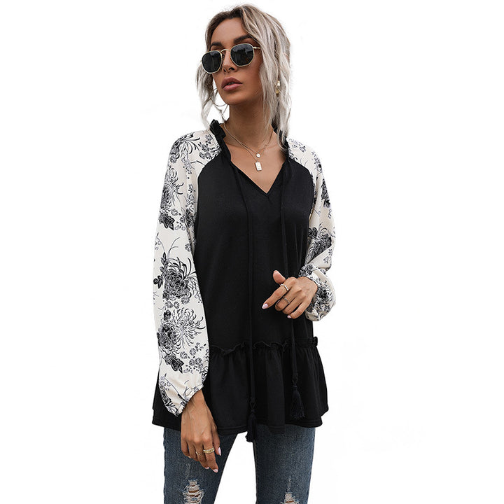 Damen Viskose-Longbluse mit V-Ausschnitt, Rüschen-Taille und kontrastierenden Raglanärmeln Echoarchiv