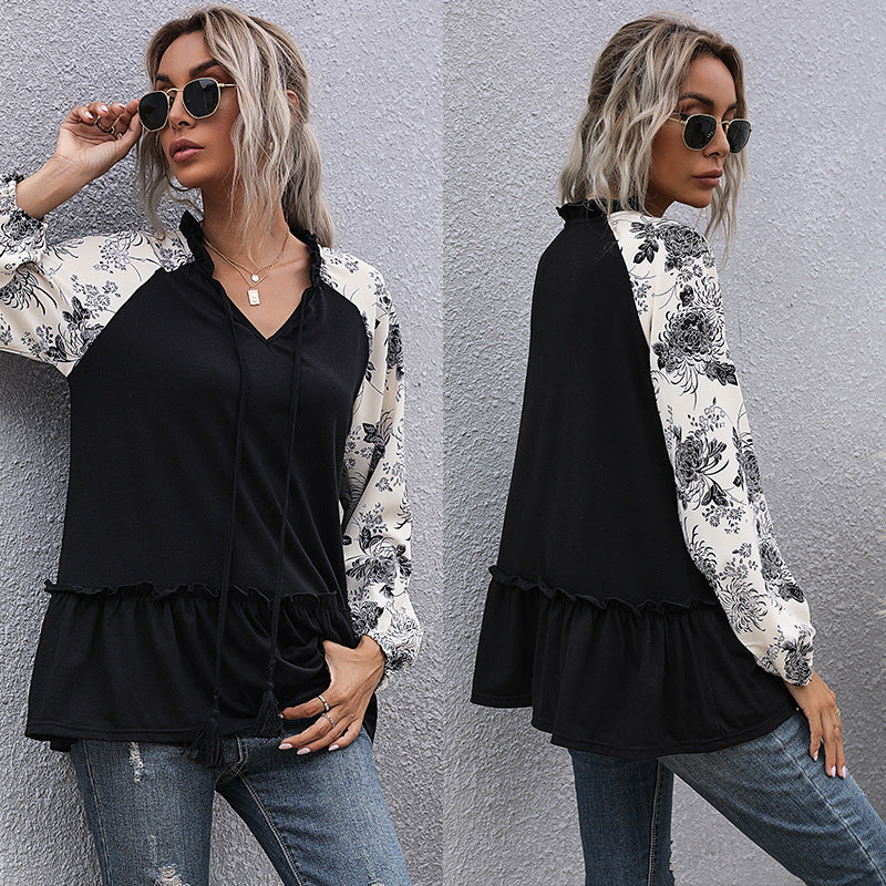 Damen Viskose-Longbluse mit V-Ausschnitt, Rüschen-Taille und kontrastierenden Raglanärmeln Echoarchiv