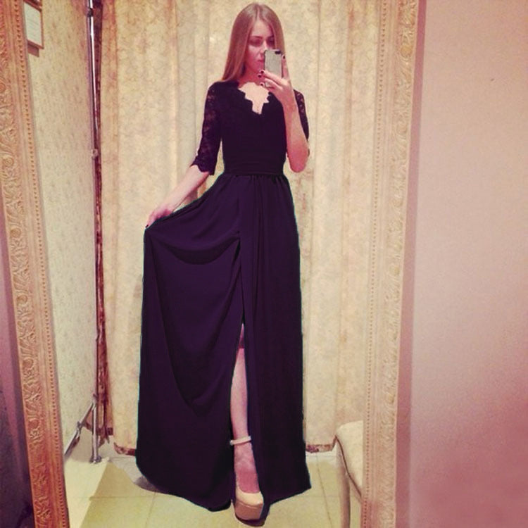 Damen Zweiteiliges Abendkleid mit Spitzen-Corsage, V-Ausschnitt & Maxirock mit hohem Beinschlitz Echoarchiv