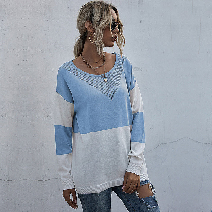 Damen Lässiger Strickpullover mit V-Ausschnitt und Farbblock Echo Archiv