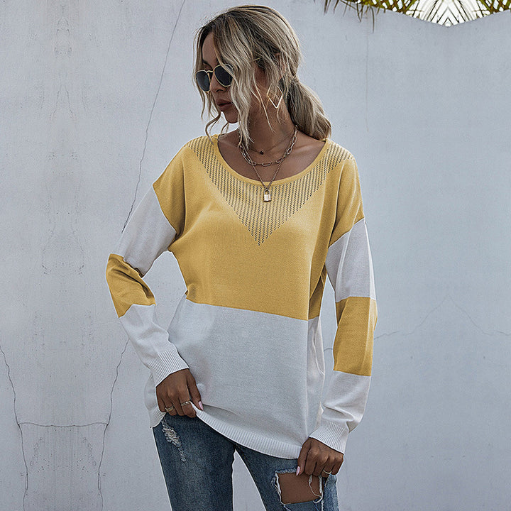 Damen Lässiger Strickpullover mit V-Ausschnitt und Farbblock Echo Archiv