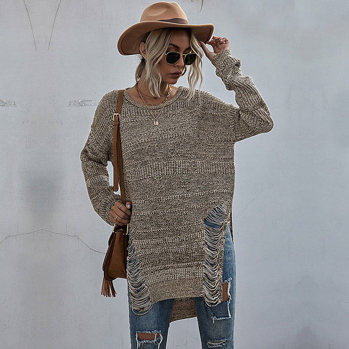 Damen Lässiger Strickpullover mit Fransen Echo Archiv