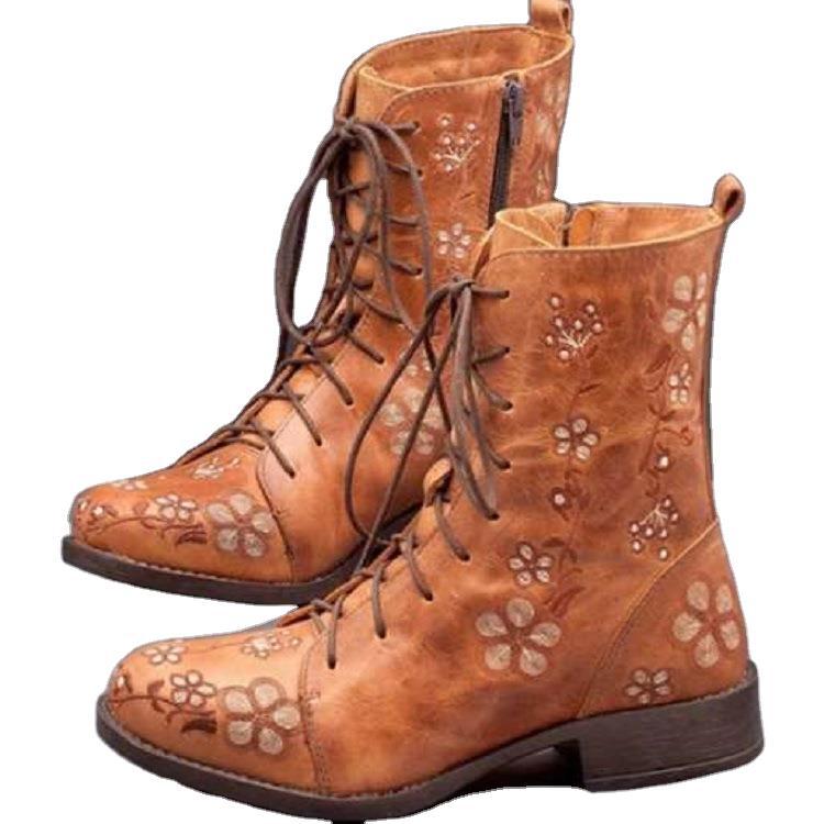 Damen bestickte Combat-Stiefelette mit floralem Stickmotiv, seitlicher Reißverschluss und gepolstertem Komfortfußbett Echo Archiv