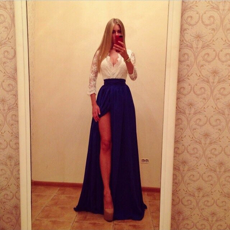 Damen Zweiteiliges Abendkleid mit Spitzen-Corsage, V-Ausschnitt & Maxirock mit hohem Beinschlitz Echoarchiv