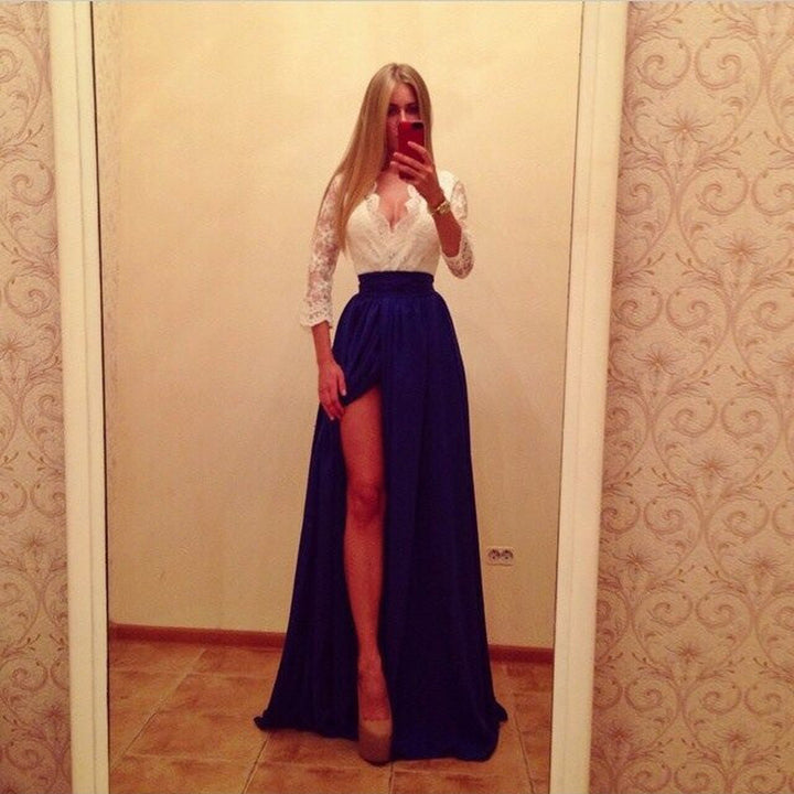 Damen Zweiteiliges Abendkleid mit Spitzen-Corsage, V-Ausschnitt & Maxirock mit hohem Beinschlitz Echoarchiv