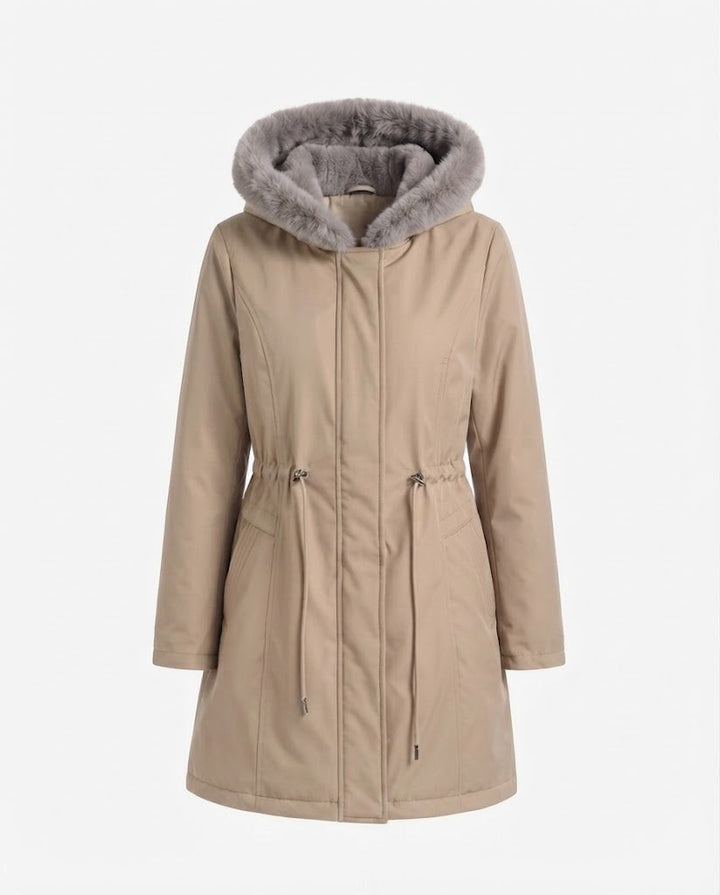 Damen knielange Thermoparkas mit abnehmbarem Teddyhood, Kordelzug in der Taille und verdeckter Frontklappe