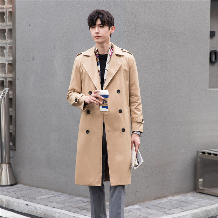 Herren Eleganter knielanger Trenchcoat aus leichtem Funktionsstoff mit Taillengürtel Echoarchiv