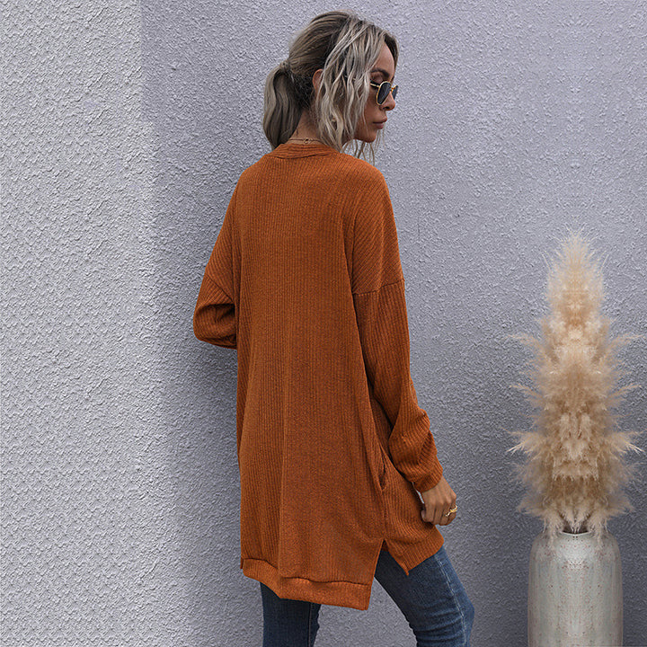 Damen Longline Rippstrick-Cardigan mit Knopfleiste, Eingrifftaschen und Oversize-Silhouette Echoarchiv