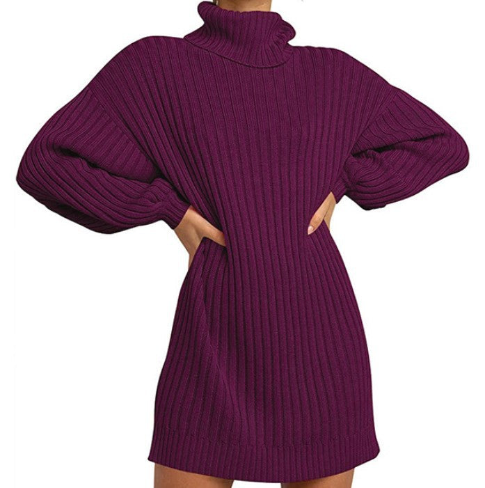 Damen Geripptes Rollkragen-Minikleid mit Oversize-Silhouette und Ballonärmeln Echo Archiv