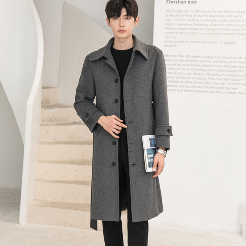 Herren Longcoat aus Wollmix mit verdeckter Knopfleiste Taillengürtel und klassischem Revers Echoarchiv