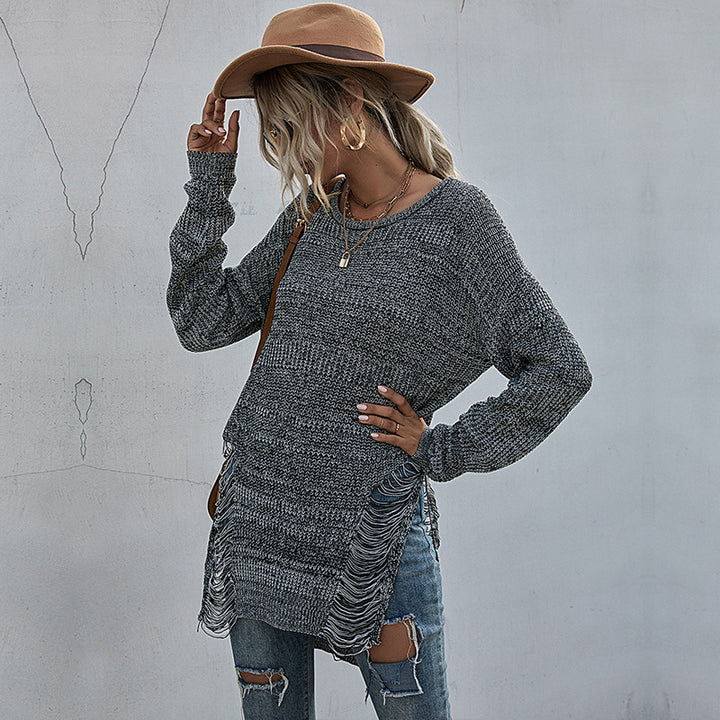 Damen Lässiger Strickpullover mit Fransen Echo Archiv