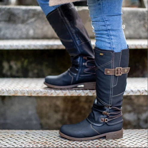 Damen nan wadenhohe Stiefel in Lederoptik mit verstellbaren Zierriemen und profilierter Gummisohle Echo Archiv