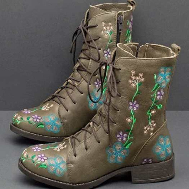 Damen bestickte Combat-Stiefelette mit floralem Stickmotiv, seitlicher Reißverschluss und gepolstertem Komfortfußbett Echo Archiv