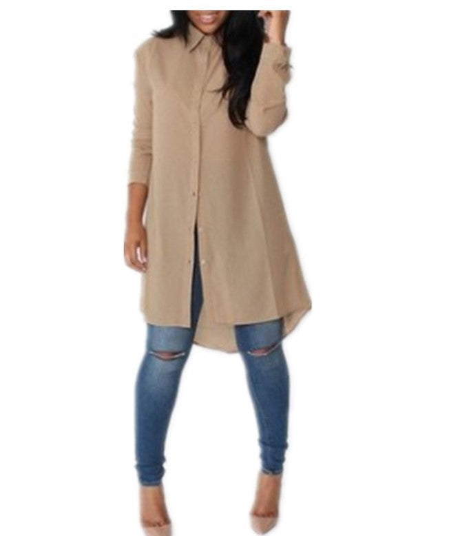 Damen Langes Hemdkleid‑Tunika mit Knopfleiste, Hemdkragen und asymmetrischem Saum – Valéora