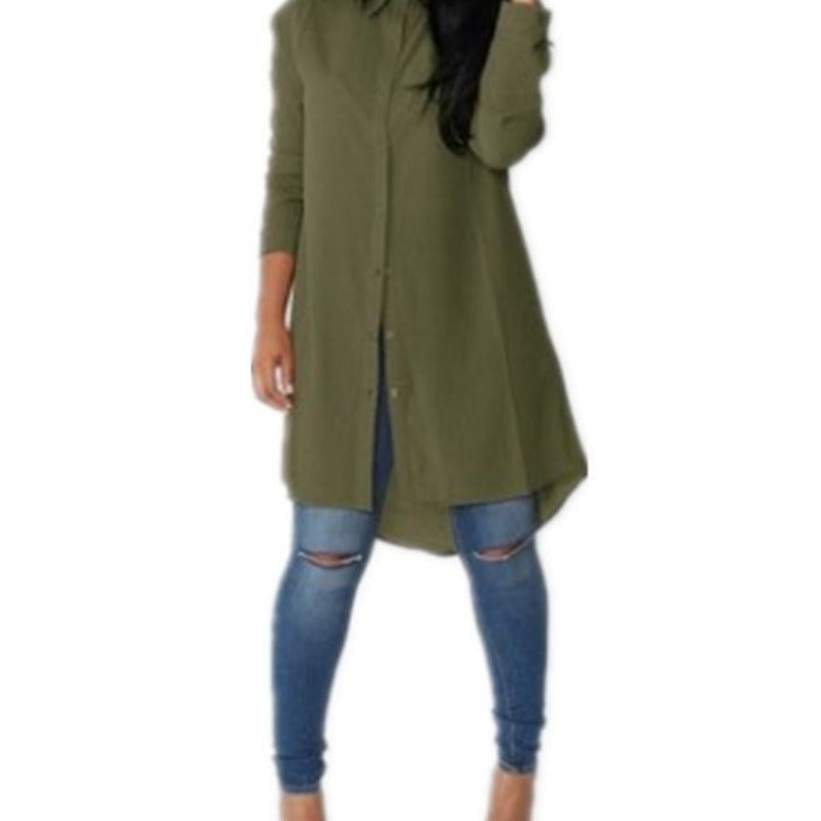Damen Langes Hemdkleid‑Tunika mit Knopfleiste, Hemdkragen und asymmetrischem Saum – Valéora