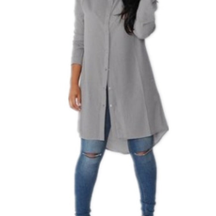 Damen Langes Hemdkleid‑Tunika mit Knopfleiste, Hemdkragen und asymmetrischem Saum – Valéora
