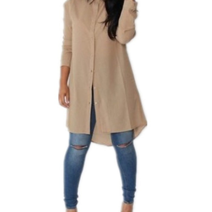 Damen Langes Hemdkleid‑Tunika mit Knopfleiste, Hemdkragen und asymmetrischem Saum – Valéora
