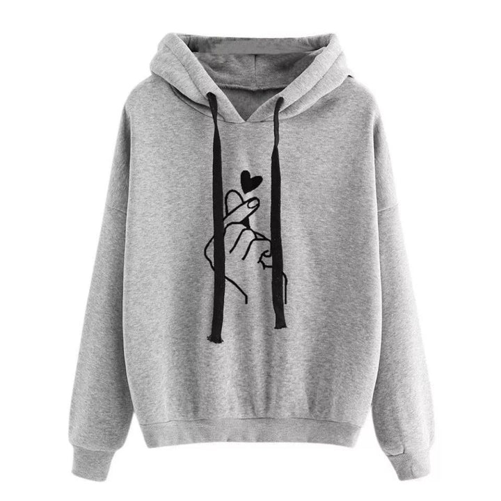Damen Oversize-Kapuzenpullover mit Fingerherz‑Print und Kordelzug – Auréline